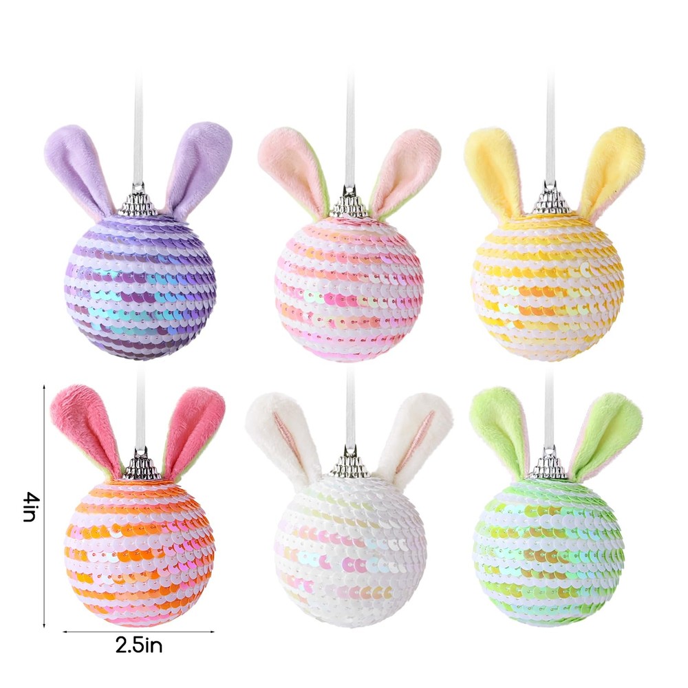 Easter Tree Decorations: 12pcs Sequin Easter Ornaments with Plush Bunny Ears, Pi