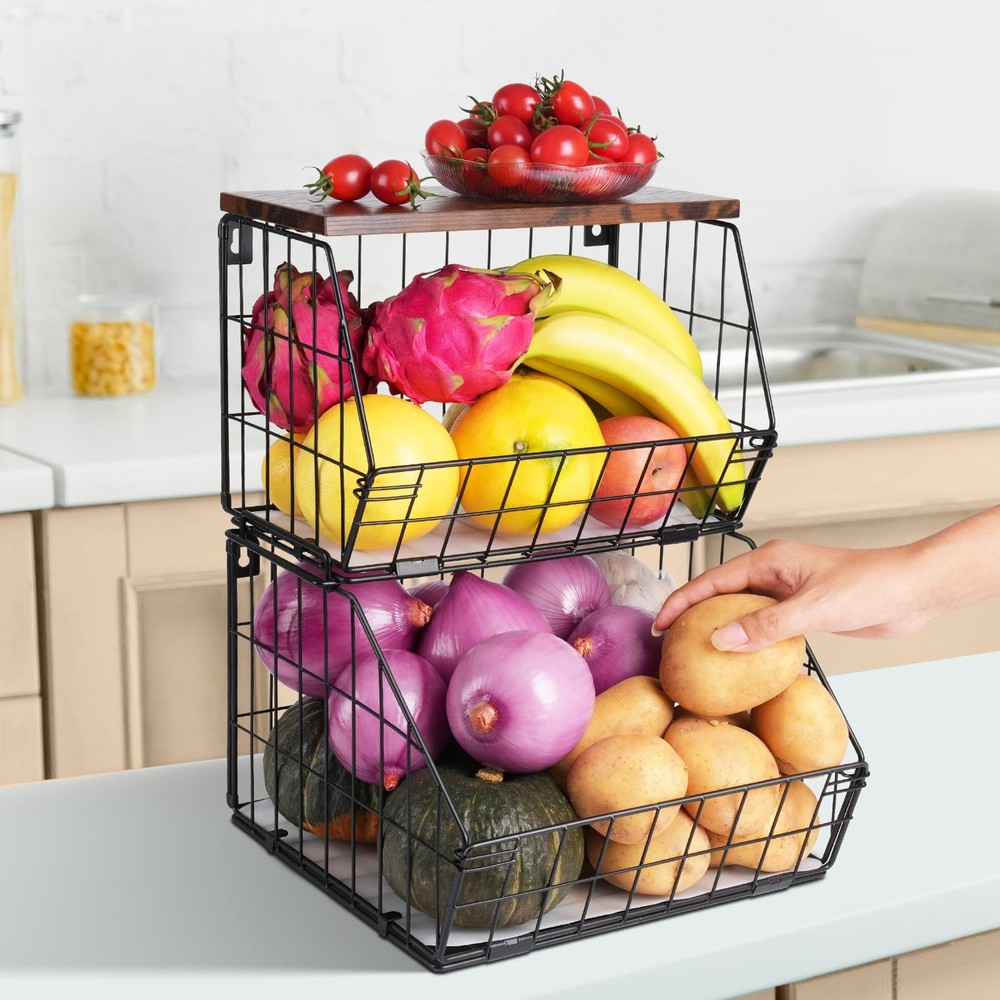 2 Tier Stackable Wall Mounted Hanging Basket, Fruit Basket for Kitchen Counte...