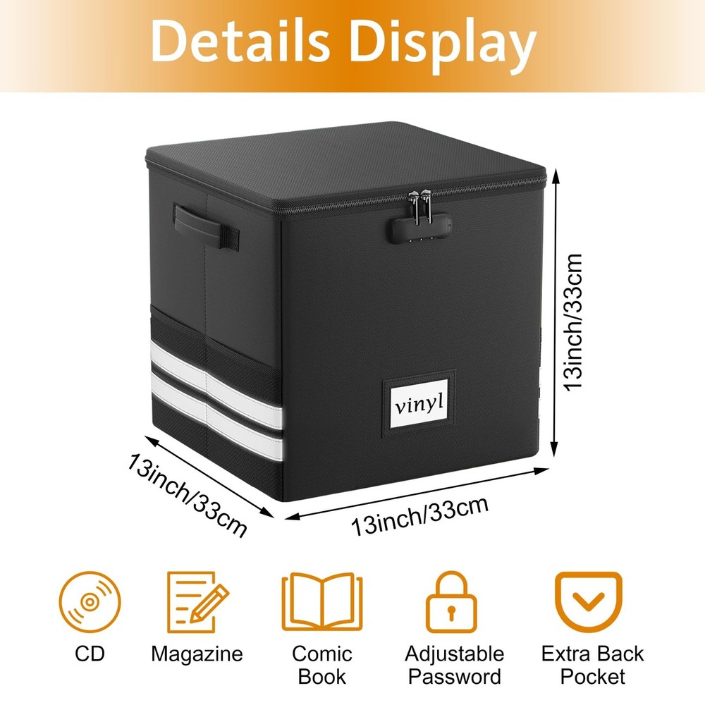 Vinyl Record Storage Box with Lock, Fireproof Waterproof Resistant Organizer ...