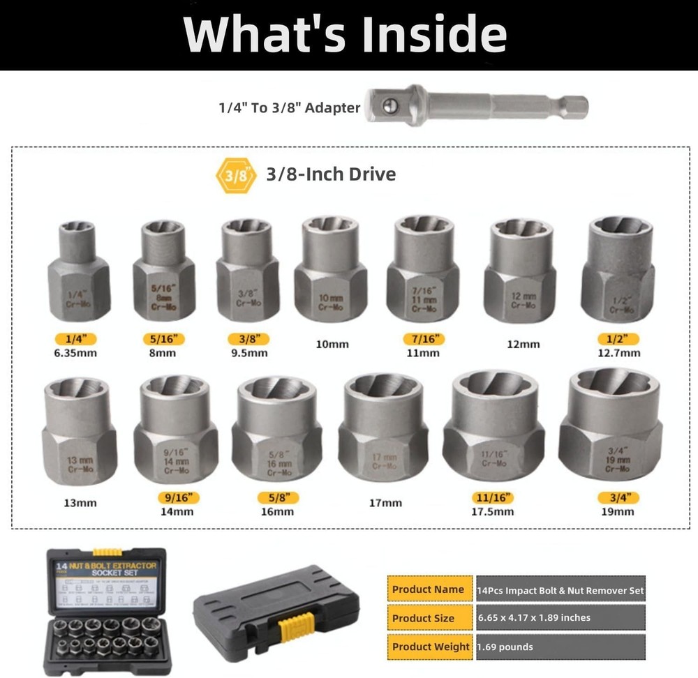 14 Pcs Nut & Bolt Extractor Kit 1/4”-3/8” Removal Tool Set Socket Remover Hex