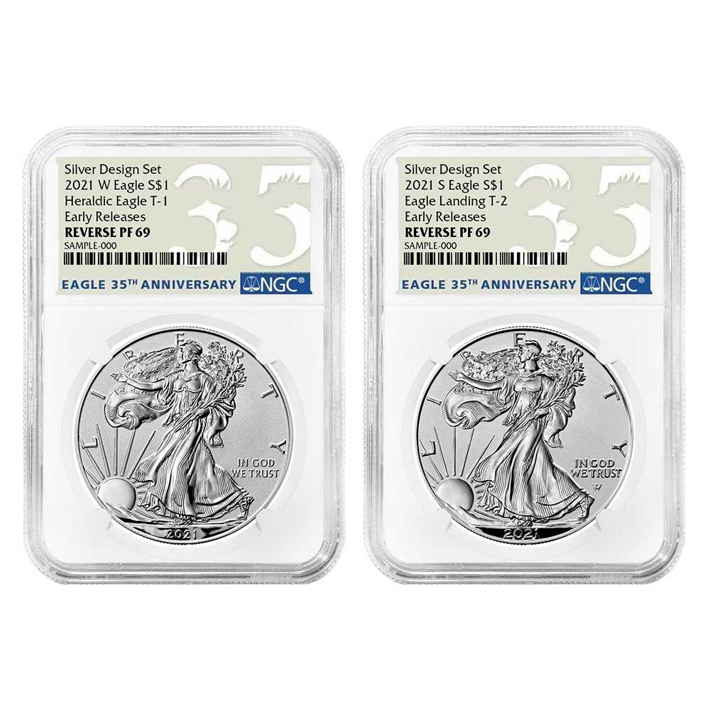 2021 Reverse Proof American Silver Eagle Designer 2pc Set NGC PF69 ER 35th An...