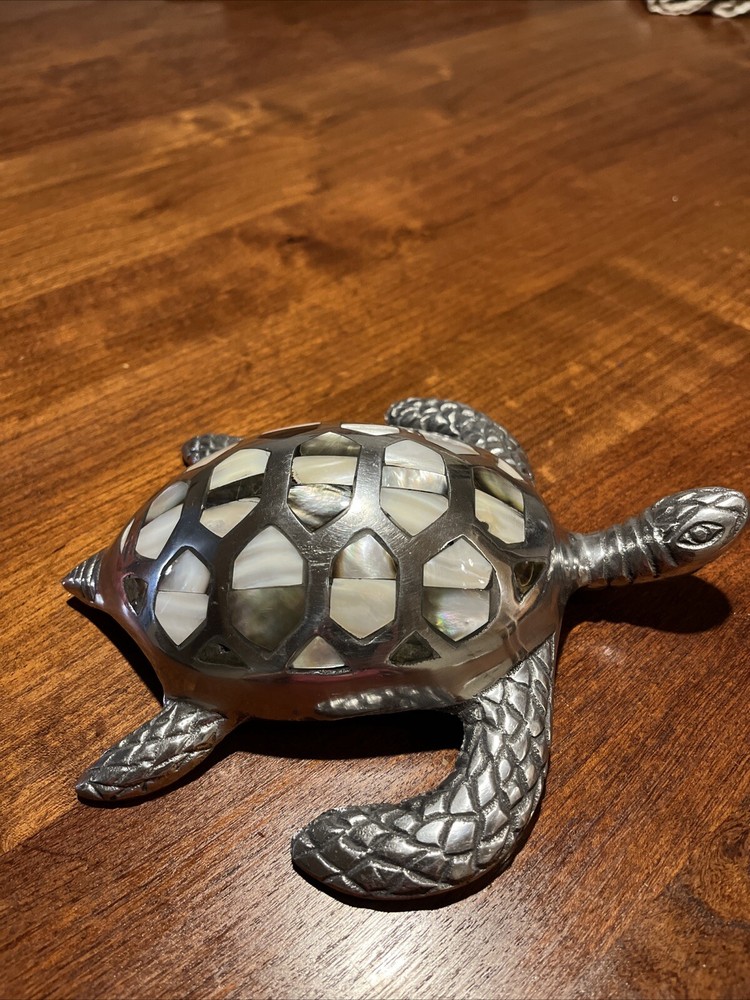 Sea Turtle Sculpture Silver Tone with Shell Abalone Inlay