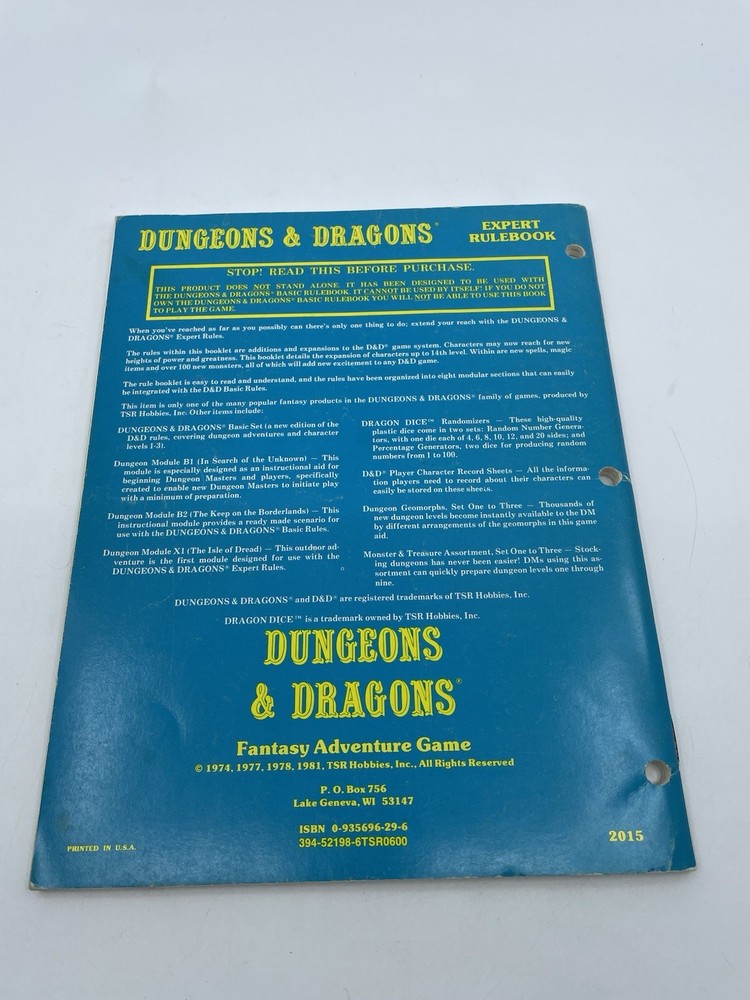 D&D Dungeons & Dragons Expert Rulebook Expert Rules #2 1981 TSR