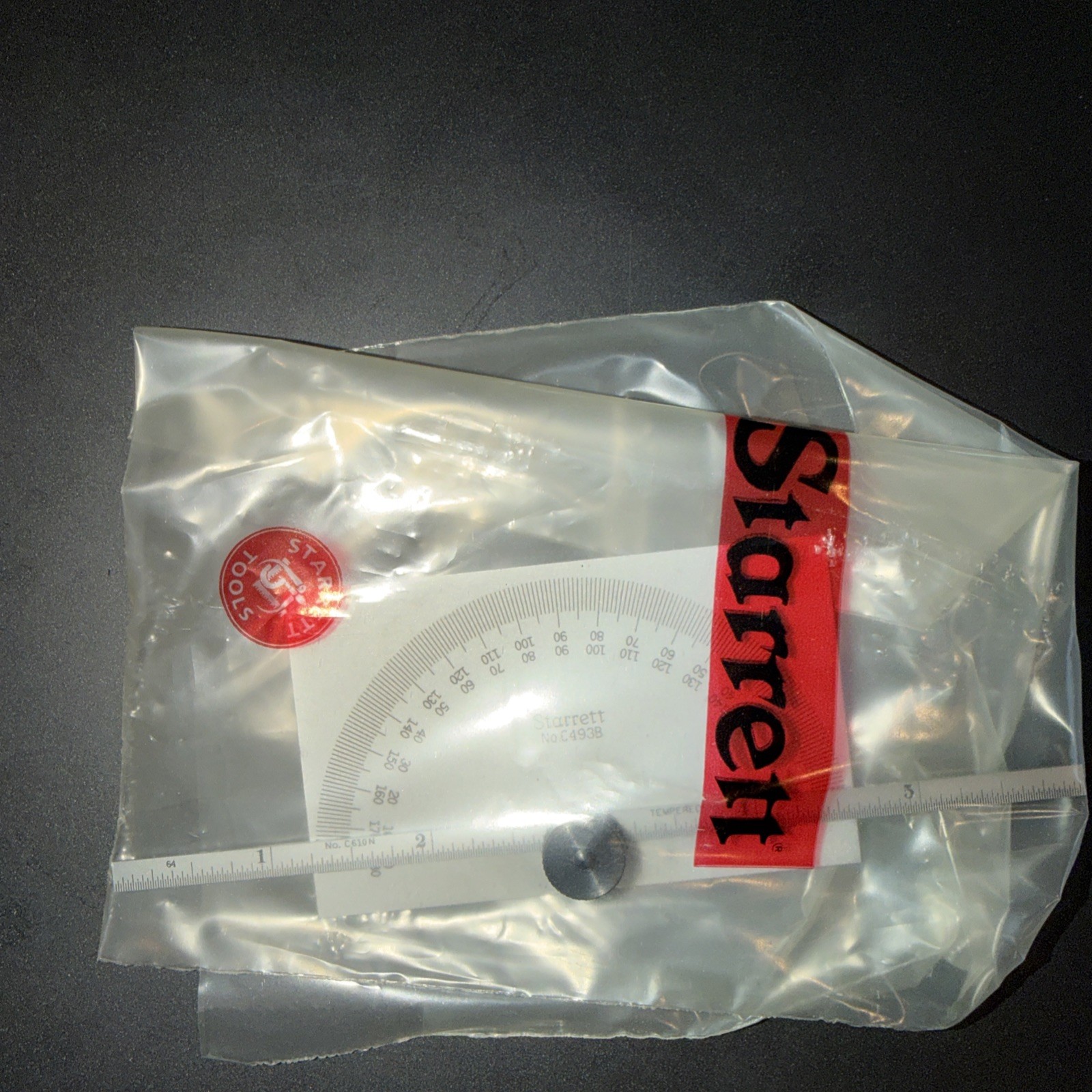 STARRETT No. C493B Satin Chrome Finish Steel Protractor/Depth Gage. USA Made!