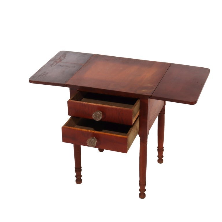 Antique Sheraton Cherry & Tiger Maple Two Drawer Drop Leaf Table C1840