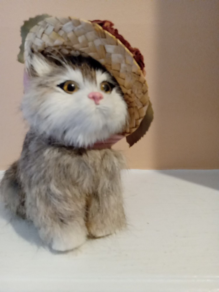 Fancy Cat Kitten Rabbit Fur Straw Hat 5.5" Figure
