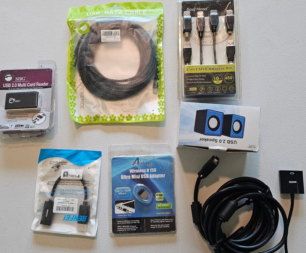 USB Cable & Adapter Lot Card Reader WiFi Dongle HDMI USB Speaker Tech Bundle