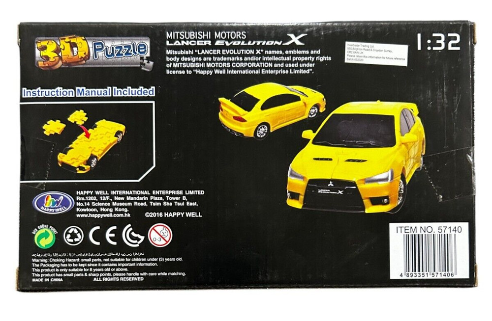 Puzzle Fun 3D 1:32 Lancer Evolution X - Solid Yellow - 65 pieces