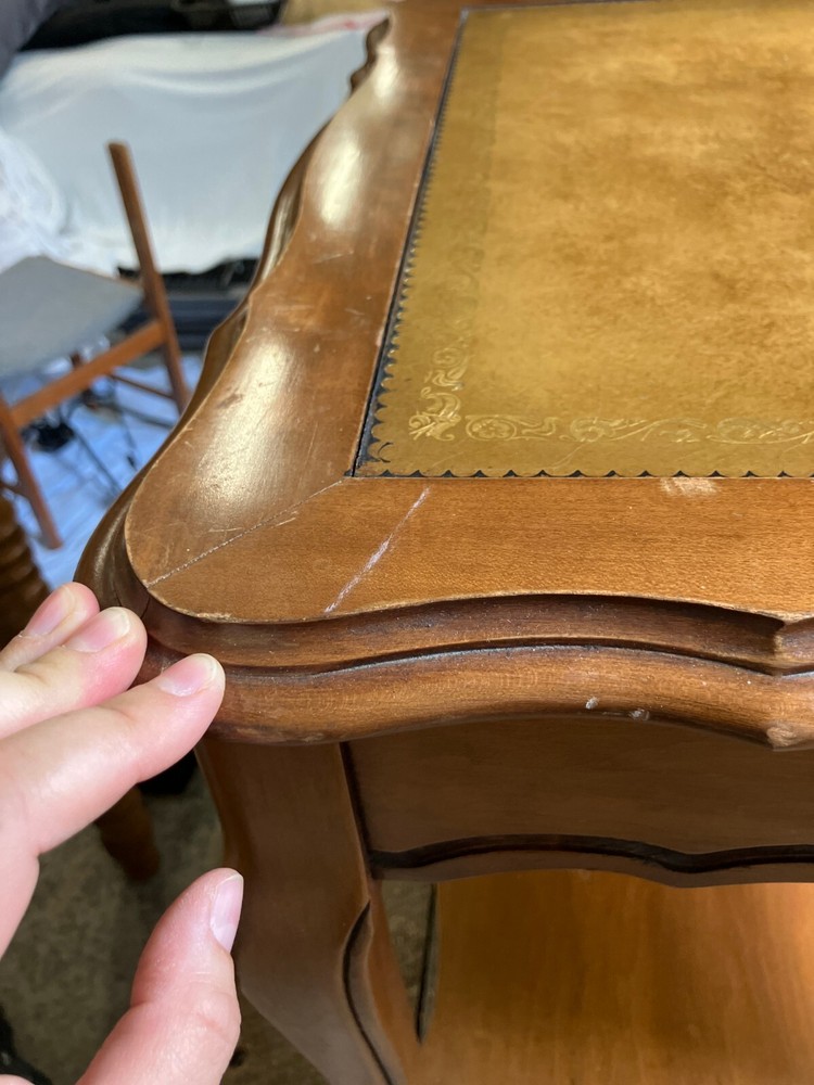 Vtg Antique Colonial Regency Style Solid Walnut Leather Gold Top Side Table