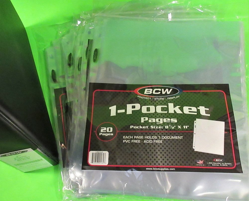 100 1-POCKET 8-1/2 x 11 DOCUMENT PAGES W/ FREE ALBUM, ARCHIVAL SAFE