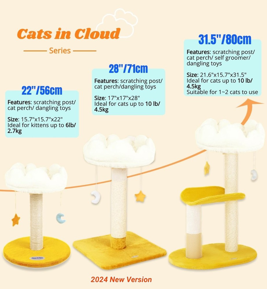 Cloud Cat Tree, 31.5in Multi-Level Indoor Cat Tower with Scratching Posts, Vi...