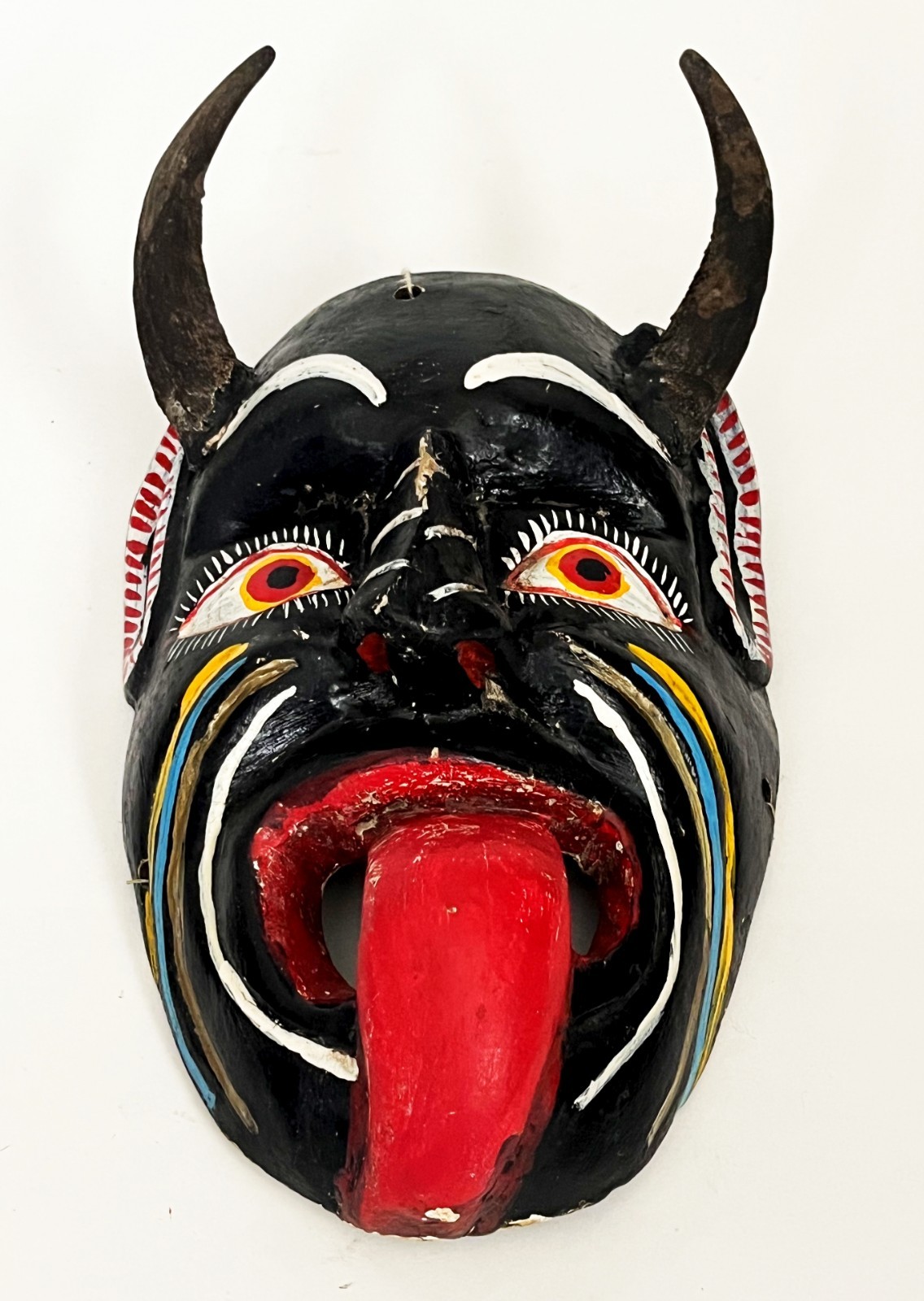 MEXICAN FOLK ART CARVED WOOD BLACK HORNED DIABLO DEVIL DEMON DANCE MASK 14 x 8"