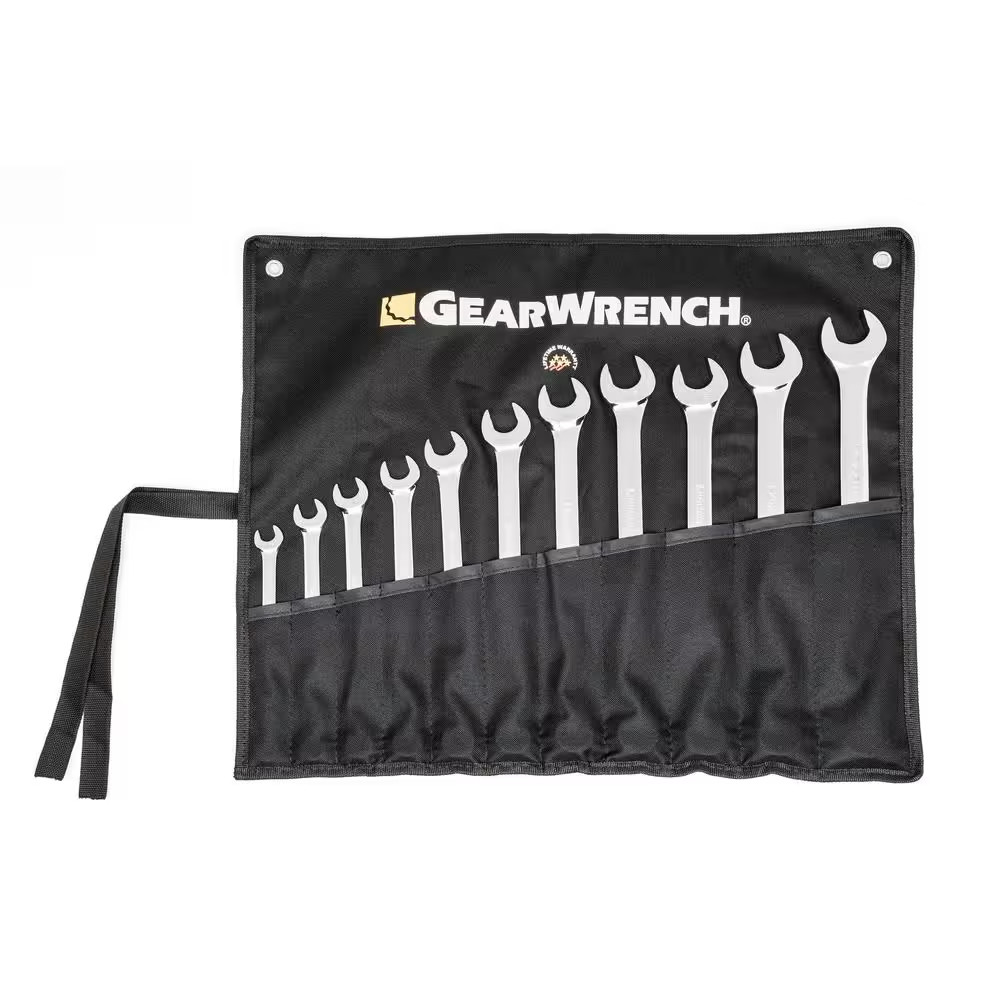 Long Pattern SAE 12-Point Combination Wrench Set with Tool Roll (11-Piece)