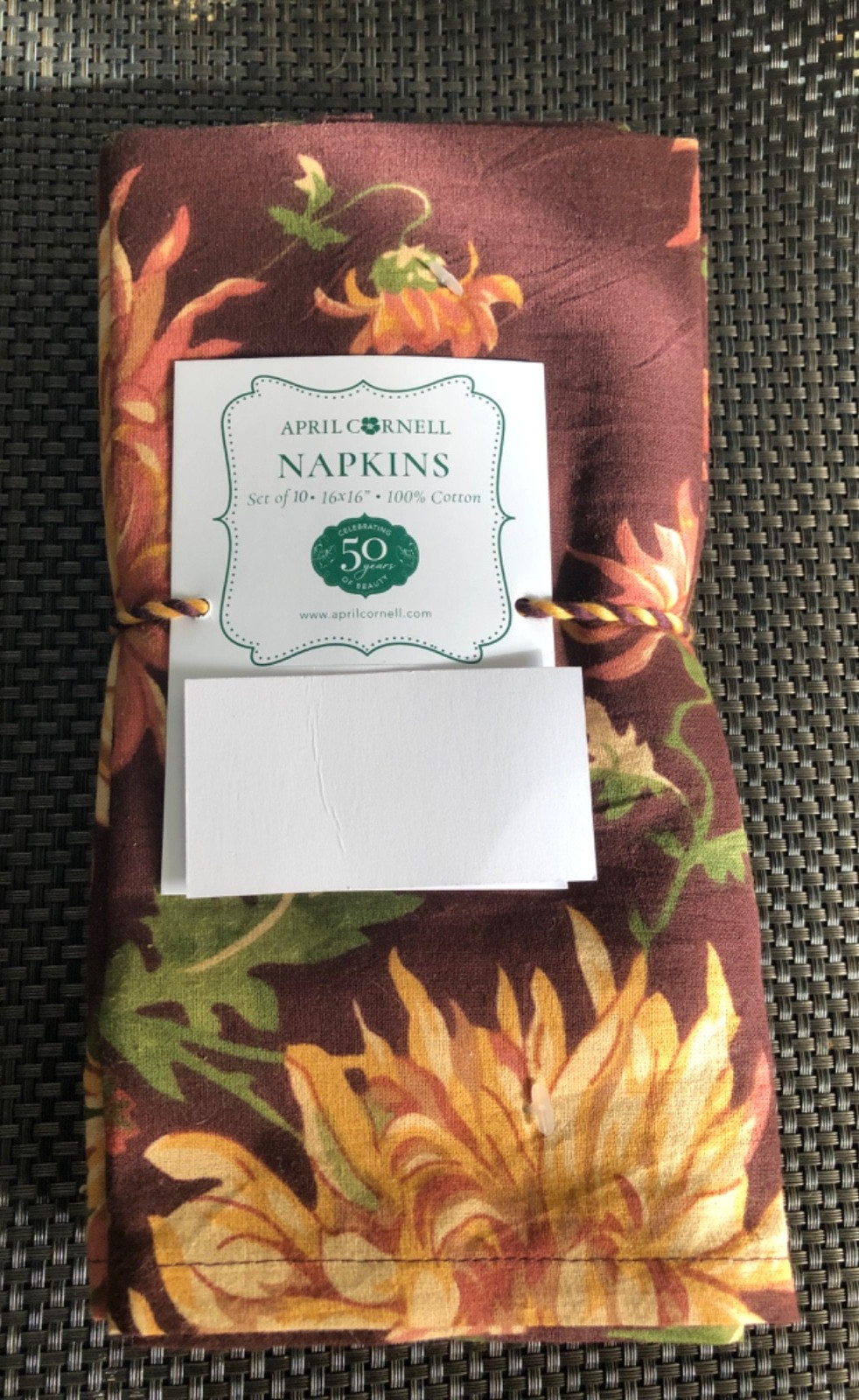 S/10 April Cornell ANTOINETTE Floral Burgundy Green Gold 16" Dinner Napkins  NWT