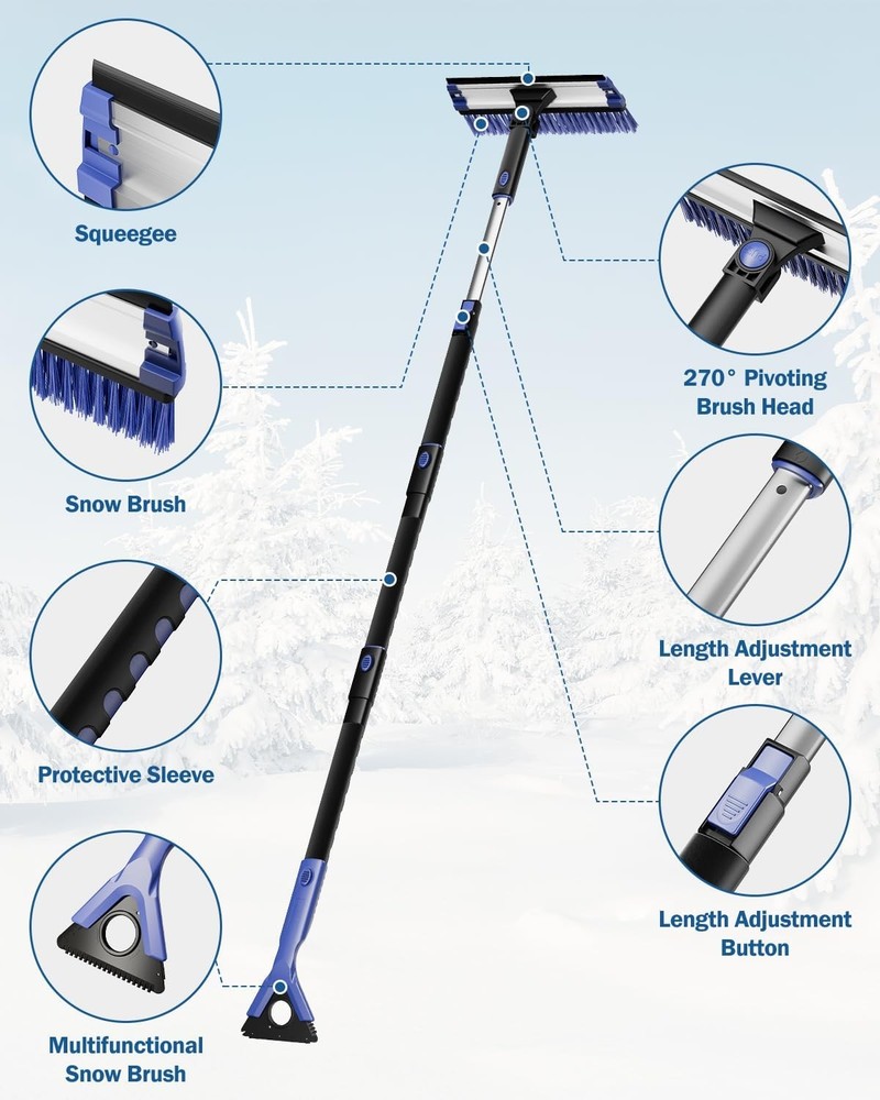 47.7” Extendable Snow Brush & Ice Scraper for Car Windshield, Blue