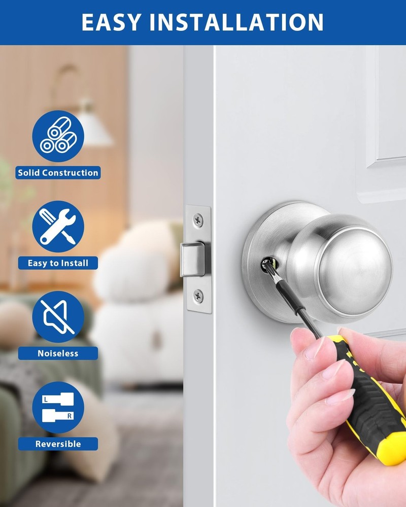 Lanwandeng 5 Pack Passage Door Knobs, Satin Nickel Interior Keyless Round Doo...