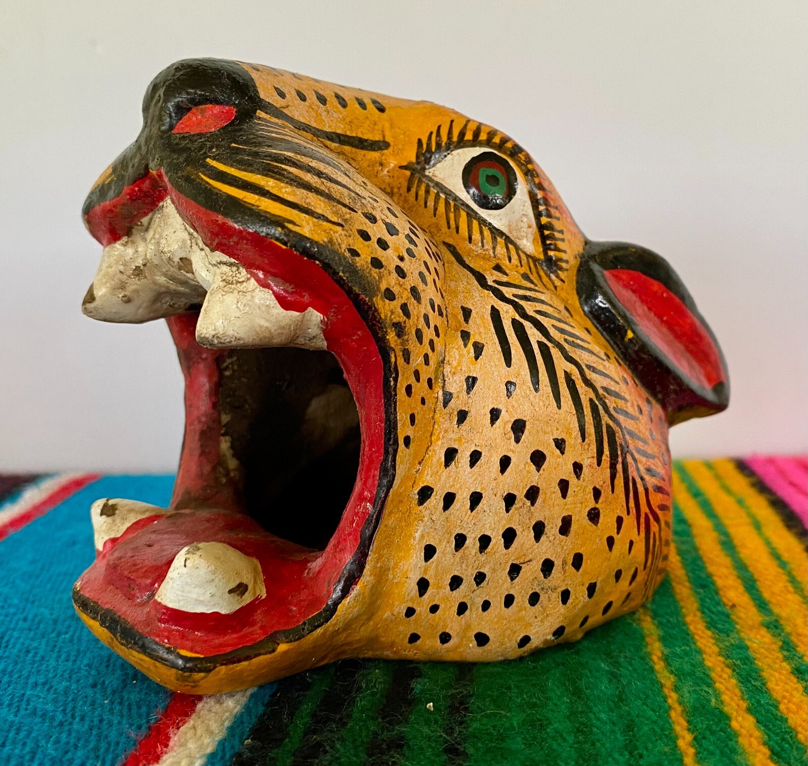 Mexican Folk Art Carved Wood Jaguar Leopard Cat Head Lion Face Mask Guerrero 5"