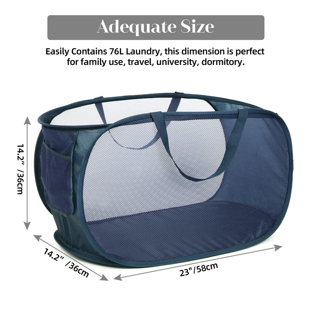 Collapsible Laundry Baskets 2 Pack Navy Blue Mesh Pop Up Hamper with Pocket