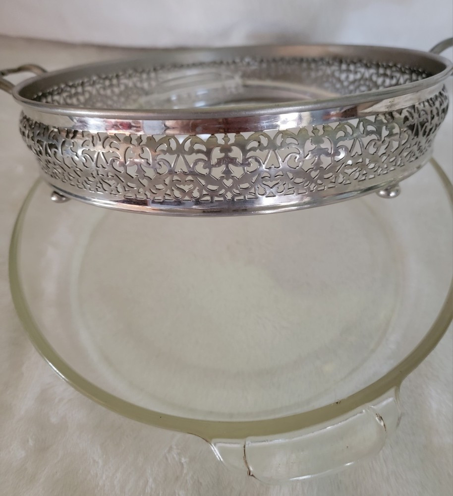 Vintage Royal Rochester Silverplate Serving Cradle w handles & Pyrex Mid-century