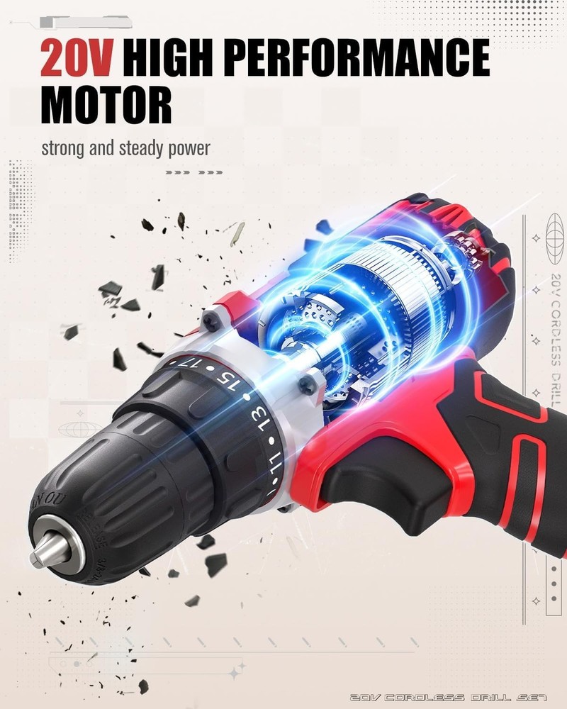 Versatile 20V Cordless Drill Set with Adjustable Speed & 18+1 Torque Settings