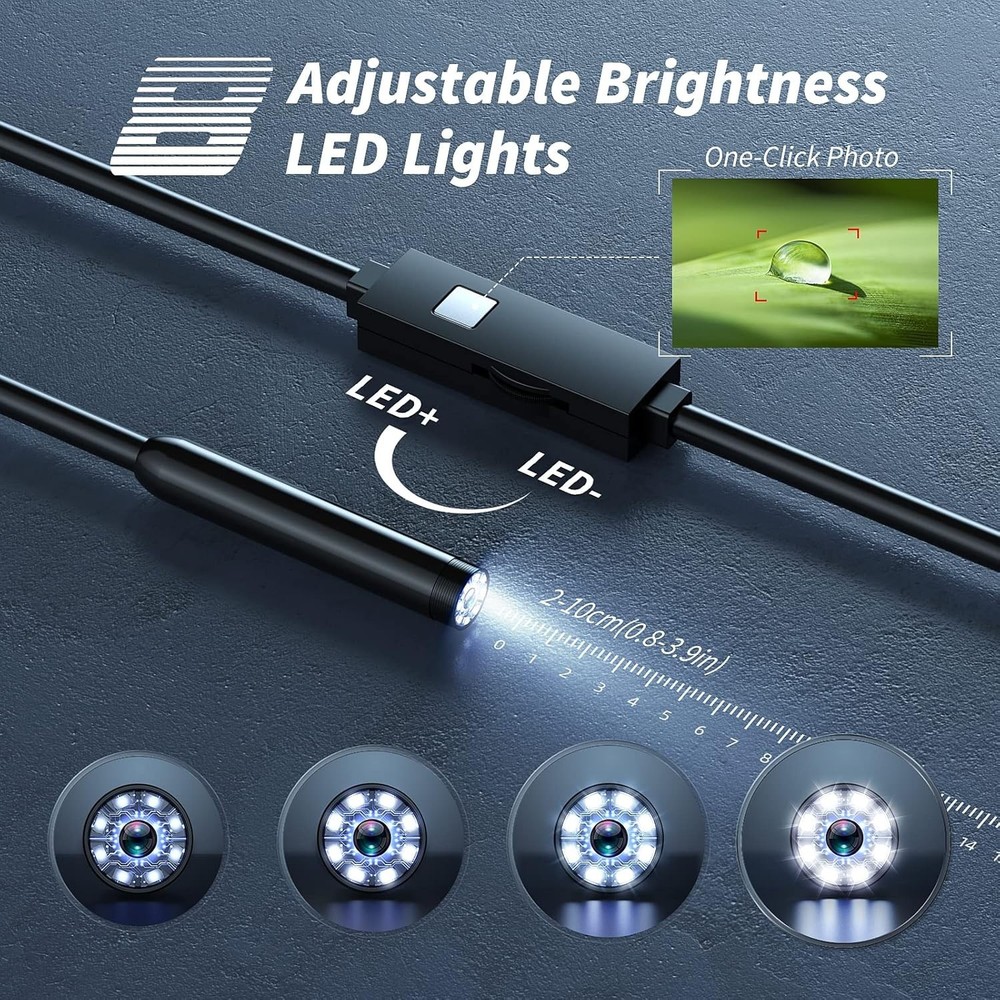 Endoscope Camera with Light, 1920P HD Borescope Tools with 8 Adjustable LED
