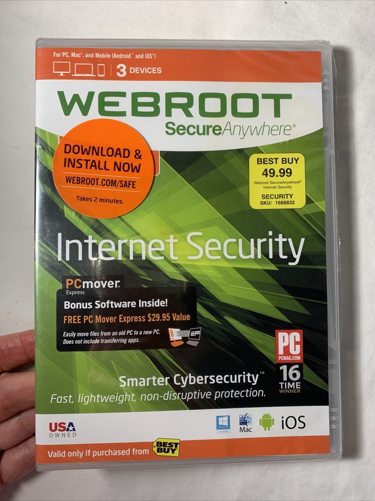 WEBROOT Secure Anywhere Internet Security 3 DEVICES (Mac PC Android iOS Mobile)