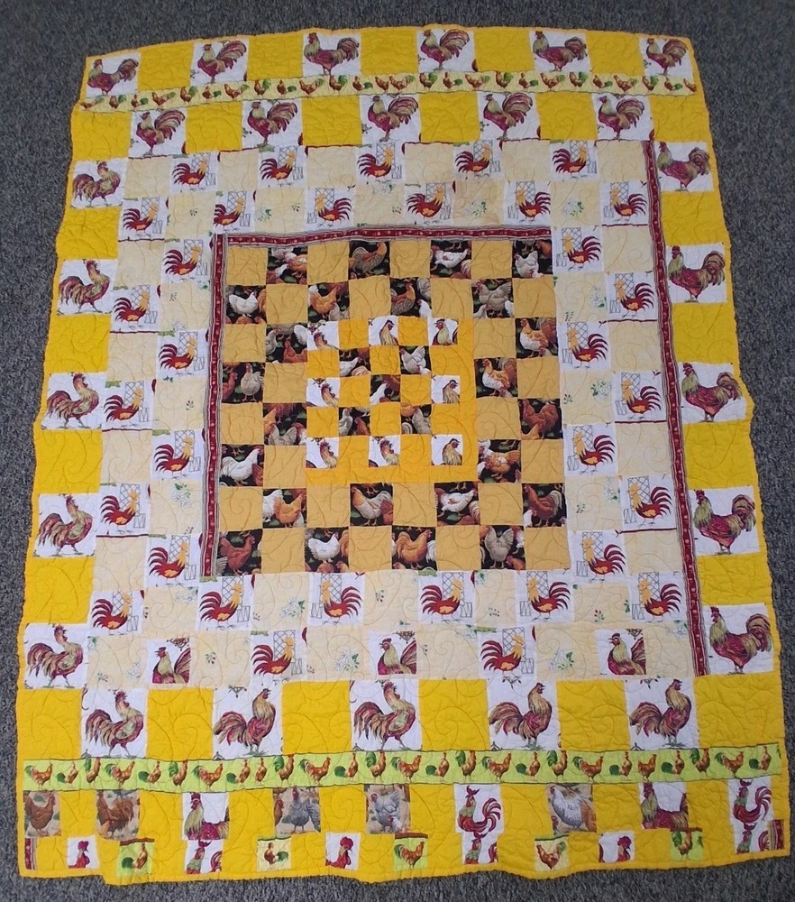 Vintage Patchwork Quilt Double Sided Rooster Chicken Theme 62x75" Yellow