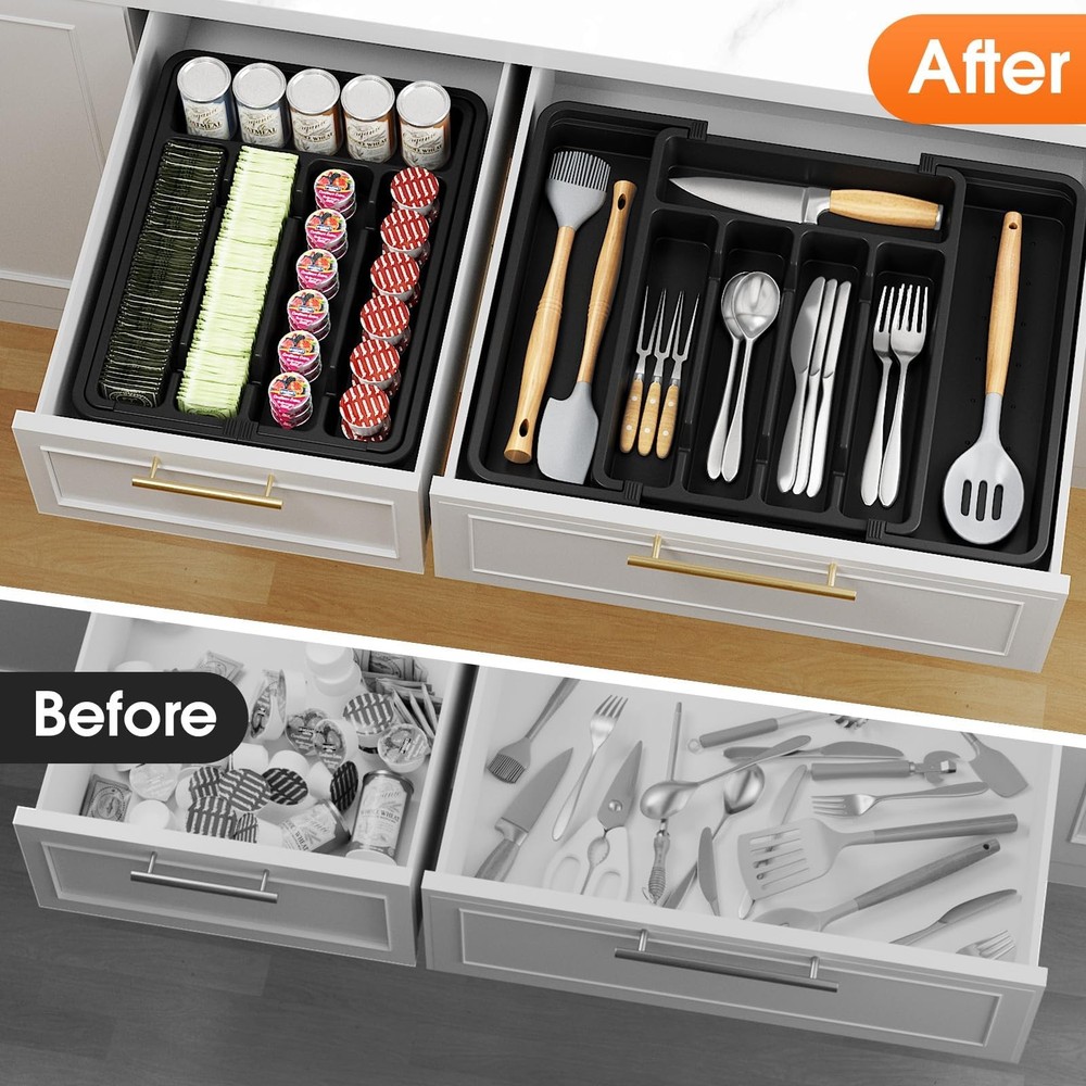 SpaceHacks Silverware Organizer，Adjustable & Expandable Utensil Medium, Black