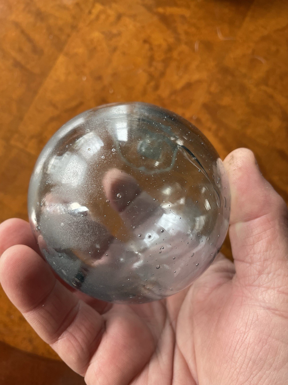 Antique Glass Fish Net Float With Rope Marks Teal Blue Color Wide Pontil