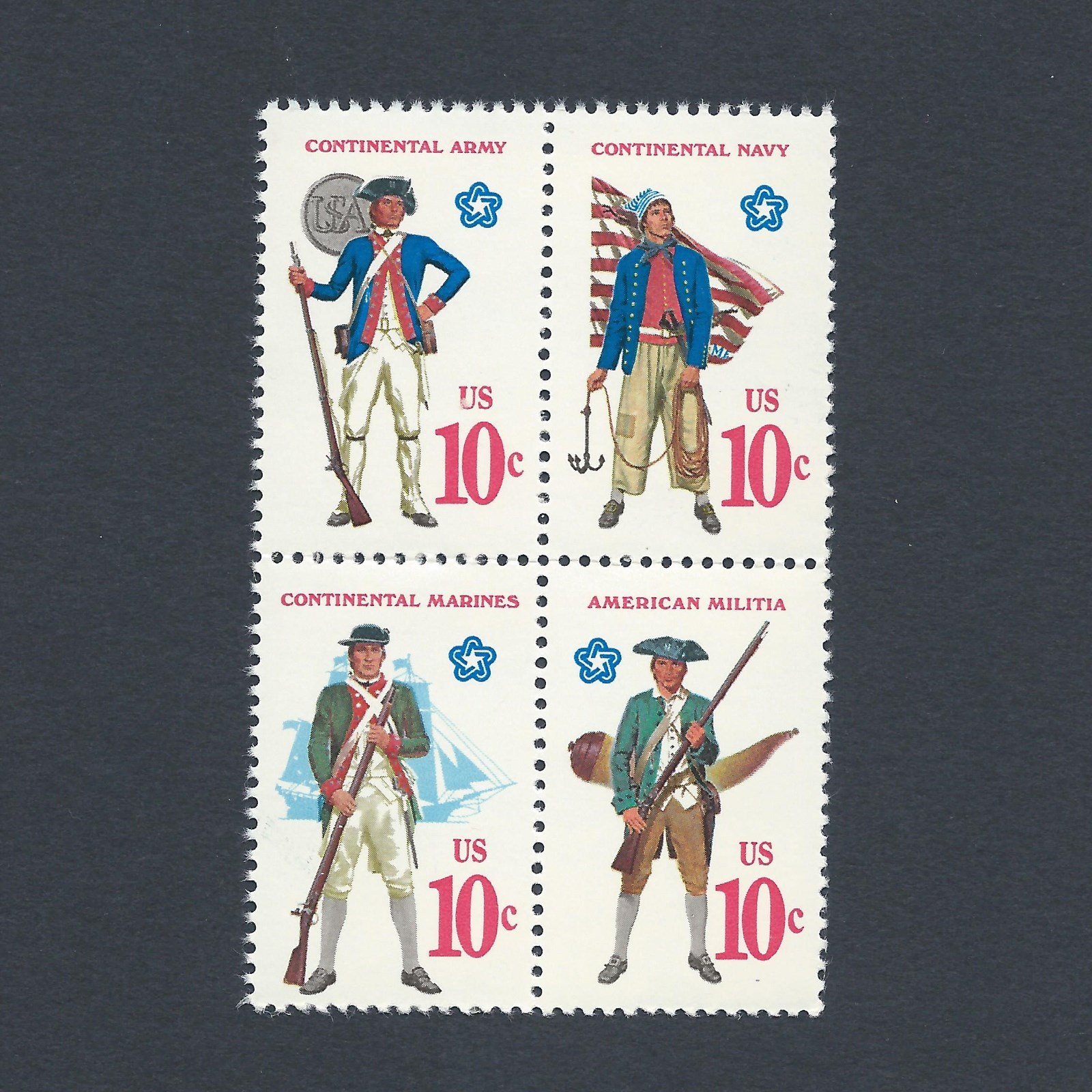 Revolutionary War Soldiers & Sailor Uniforms Mint Set of 4 Stamps 50 Years Old!