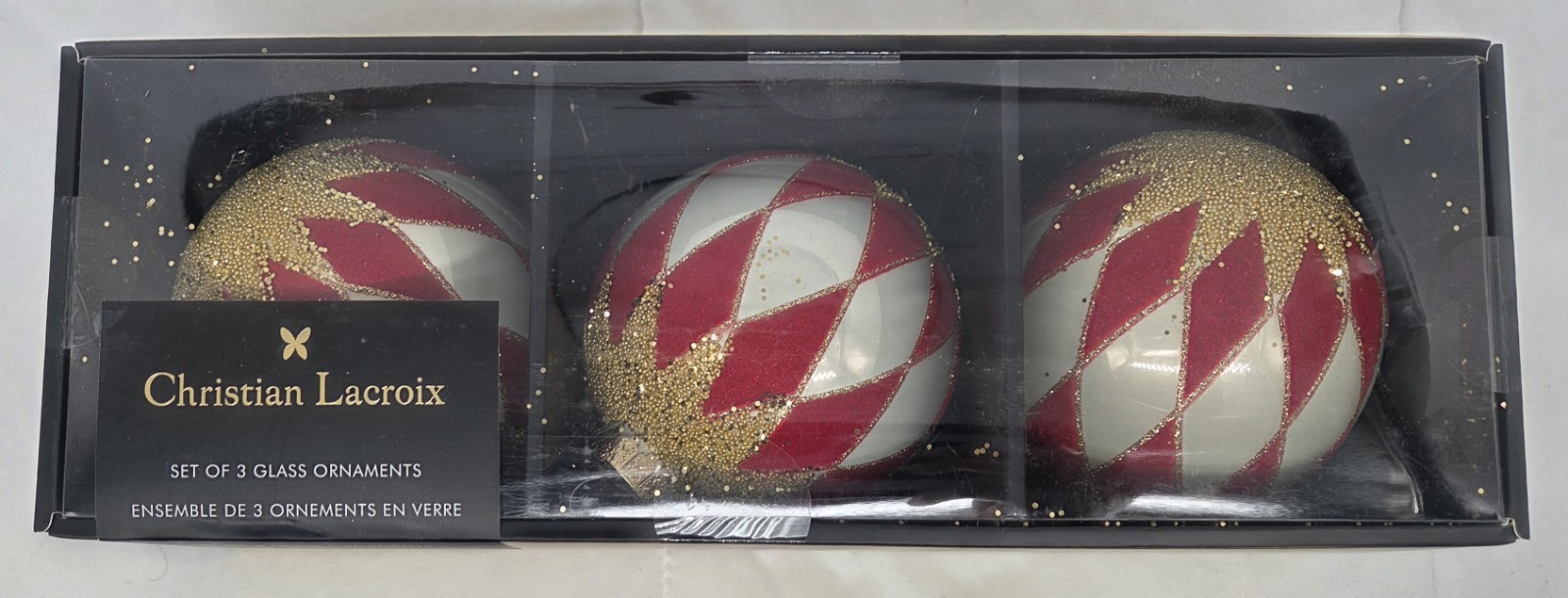 Set of 3 Christian Lacroix Harlequin Glass 4" Christmas Ornaments Gold Red White