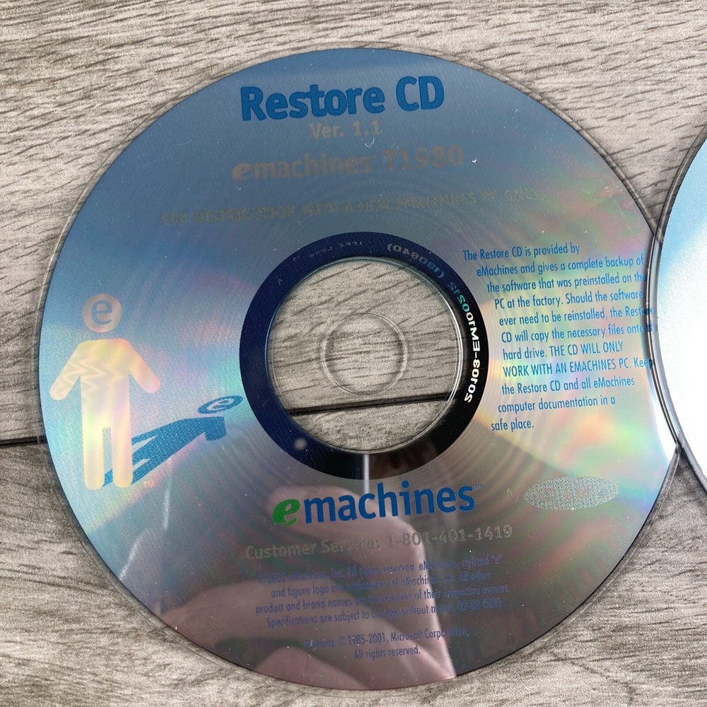 eMachines Restore CD T1980 Version 1.1 2 Disc Set Recovery Software