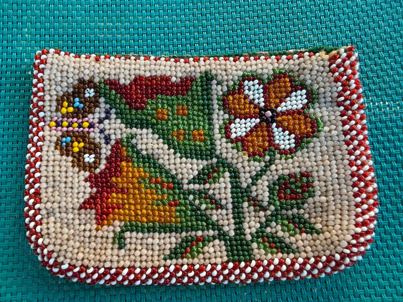 Antique Native American Beaded Glass Coin Purse 1940 RARE Butterfly Flowers!