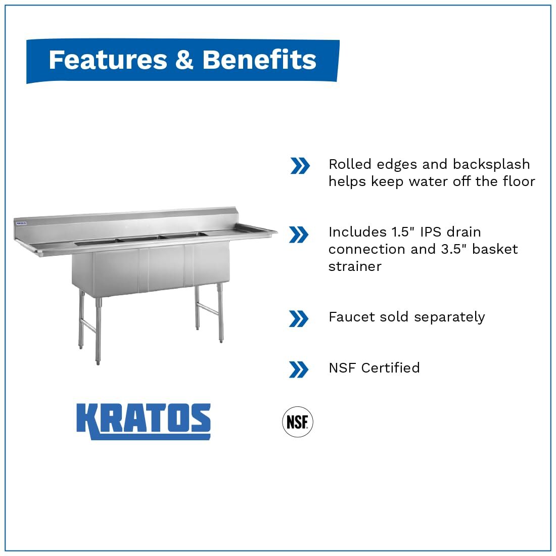 Kratos 29N-003 - Commercial NSF 3 Compartment Sink - 18"Wx18"Lx12"H Bowl Size -