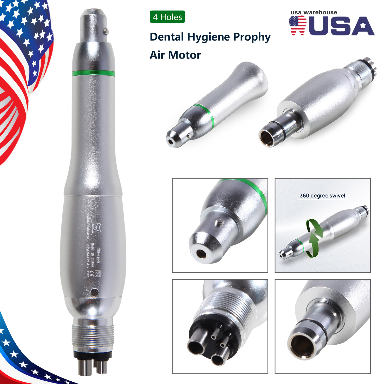 Dental Hygiene Prophy Handpiece Air Motor 4Holes 4:1 Nose Cone 360° Swivel USA