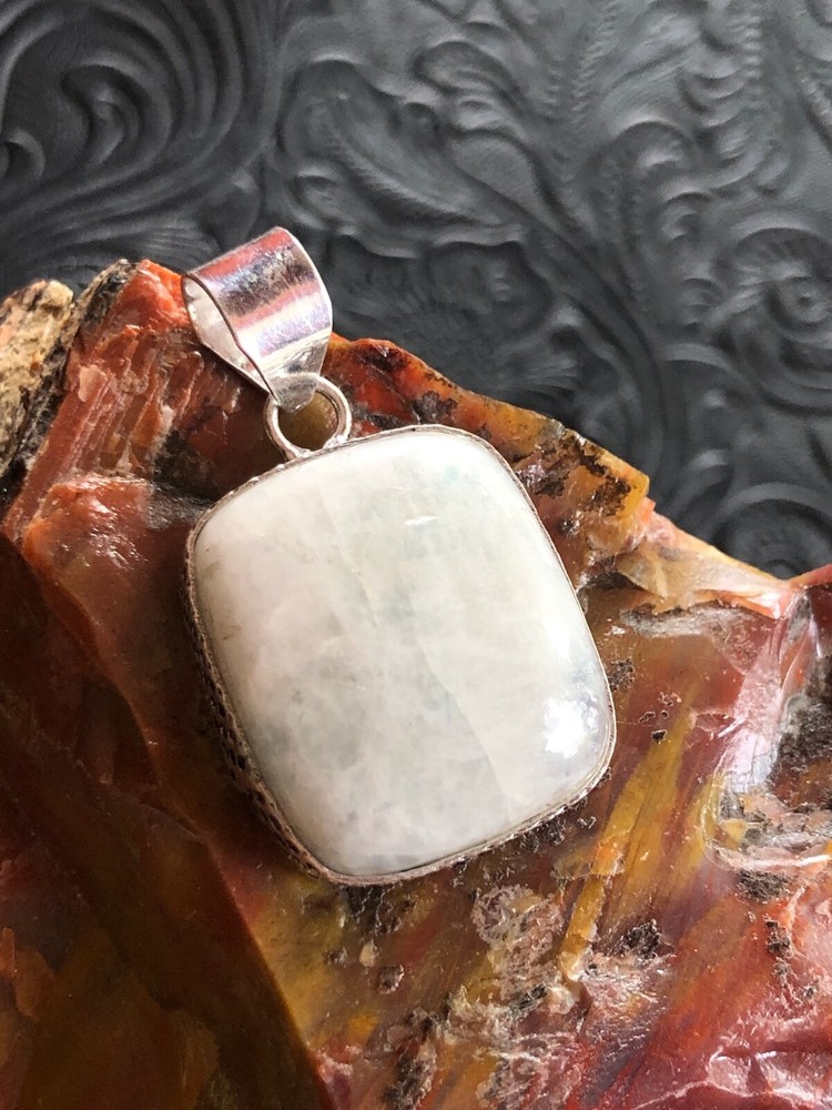 White Iridescent Moonstone Rectangular Cushion Pendant 1.5" Artisan Southwest