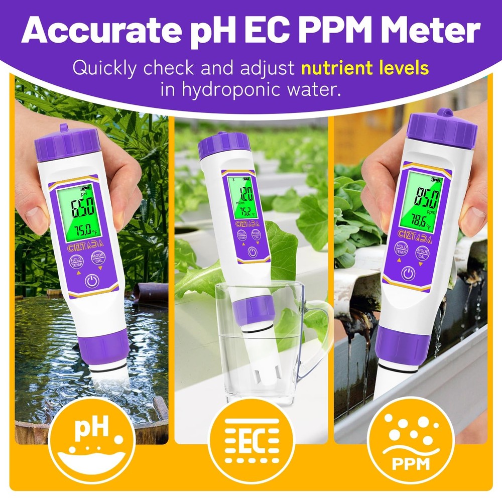 CIZTADA Digital pH EC Meter and 7.00/4.00/10.01 Calibration Buffer for...