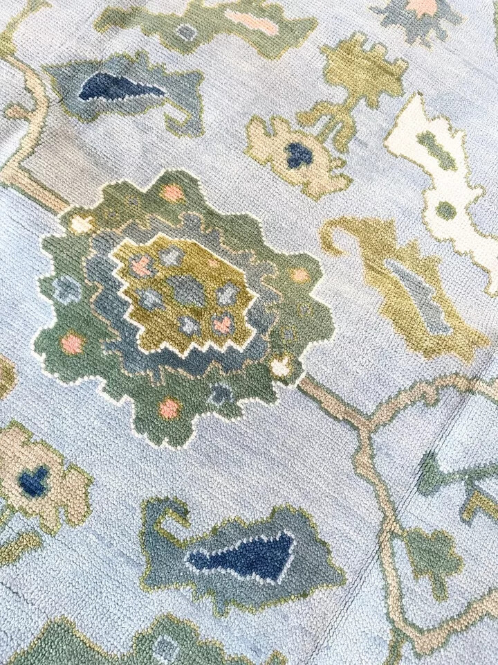 Green Blue Hand Knotted Oushak Rug Turkish Wool Area Carpet For Living Room 9x12