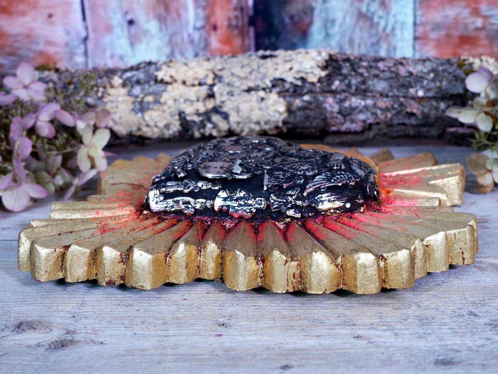 Heart Gold Starburst Milagros Guadalupe Wood Handmade Michoacan Mexican Folk Art