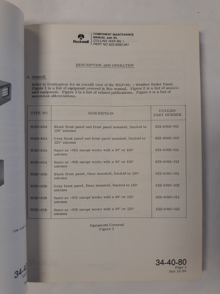 Collins WXP-85( ) Weather Radar Panel Component Maintenance Manual Original