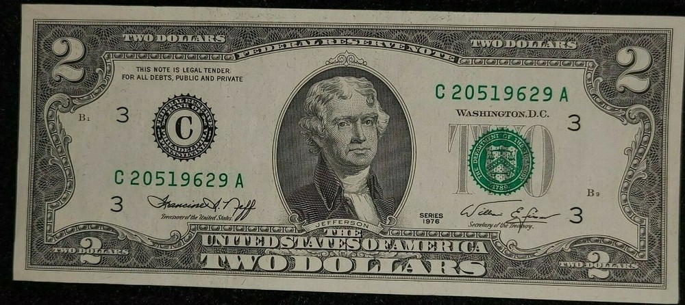1976 $2 note alignment Shift over-inking error AU [almost uncirculated]  folds
