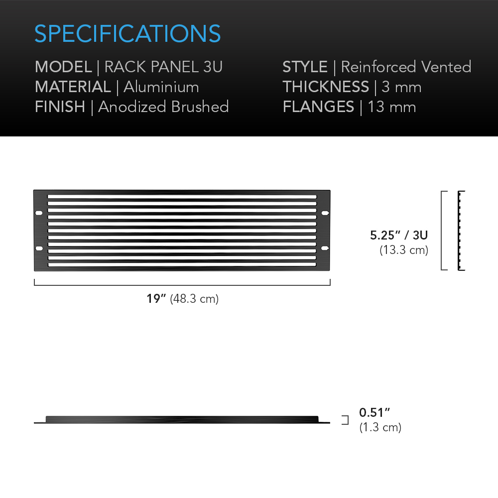 Rack Panel Accessory Vented 3U Space for 19” Rackmount, Premium Black Aluminum