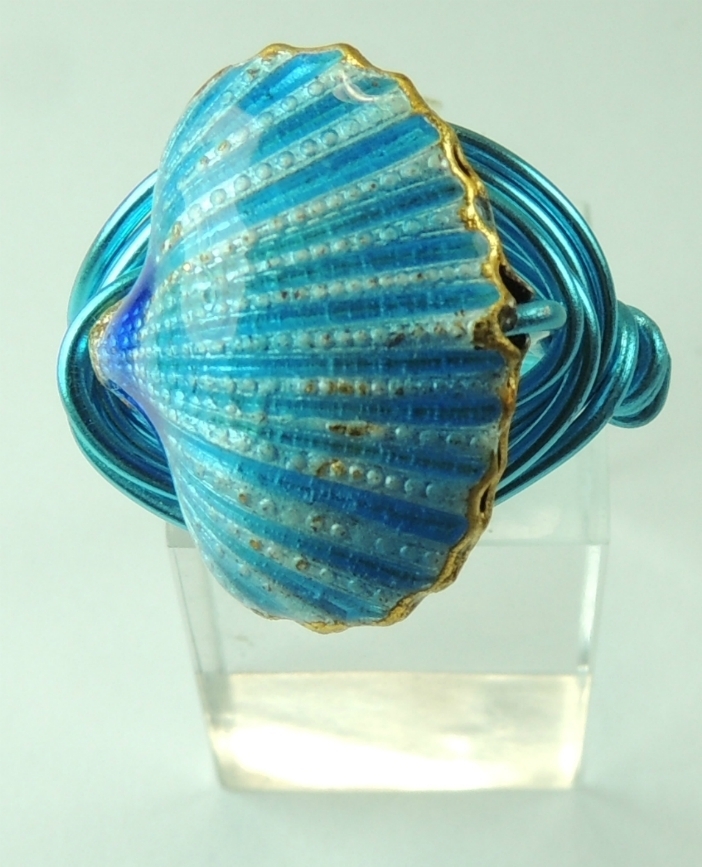 Wire Wrapped Turquoise Cloisonne Shell Ring  Turquoise Wire Beach Wedding