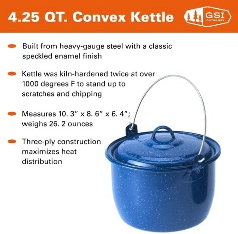 GSI Outdoors Convex Kettle for Soup, Stew, or Water Pot - Camping, Enamelware, 4