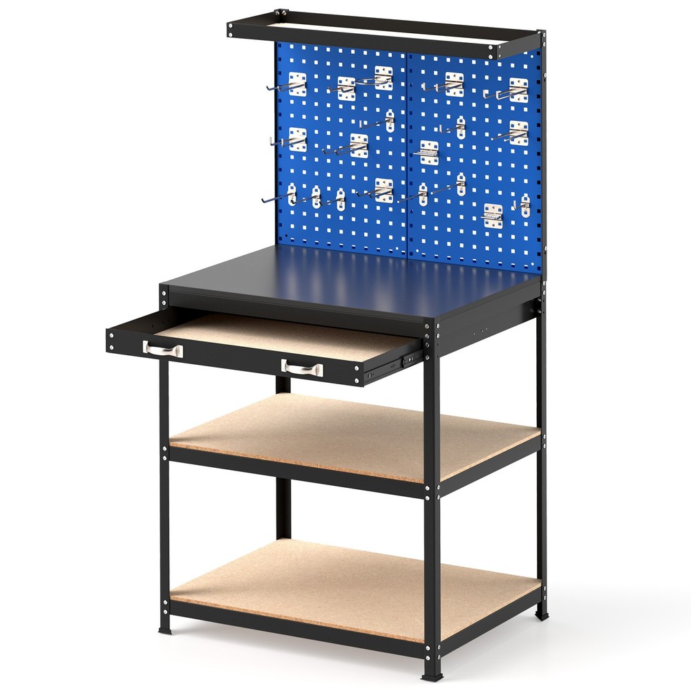 32" x 16" Workbench with Pegboard 20PCS Tool Hooks Drawer and Open Shelves