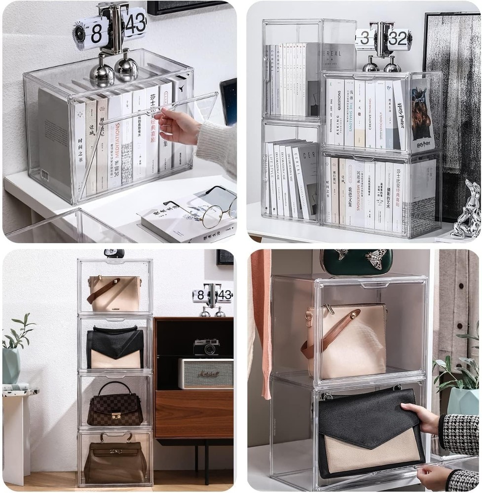 Clear Stackable Acrylic Storage Bins with Magnetic Lid - Dustproof & Elegant