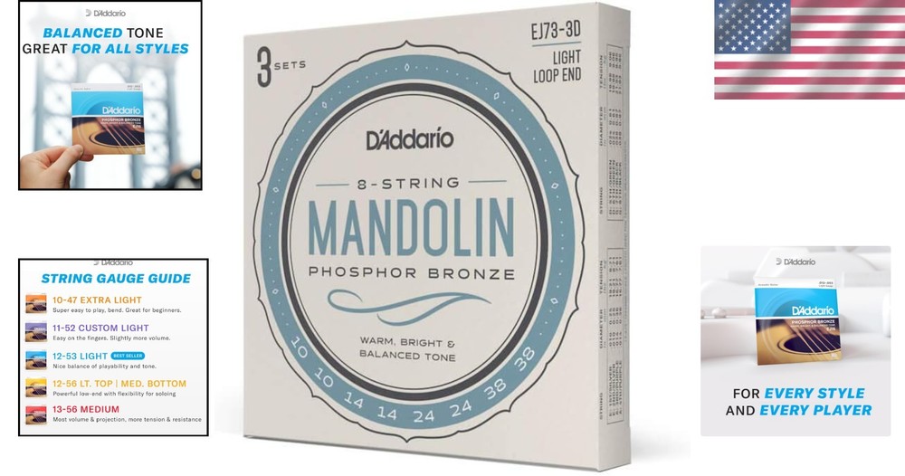 Versatile EJ73-3D Mandolin Strings, Light Gauge 10-38 - 3 Pack for Optimal Tone