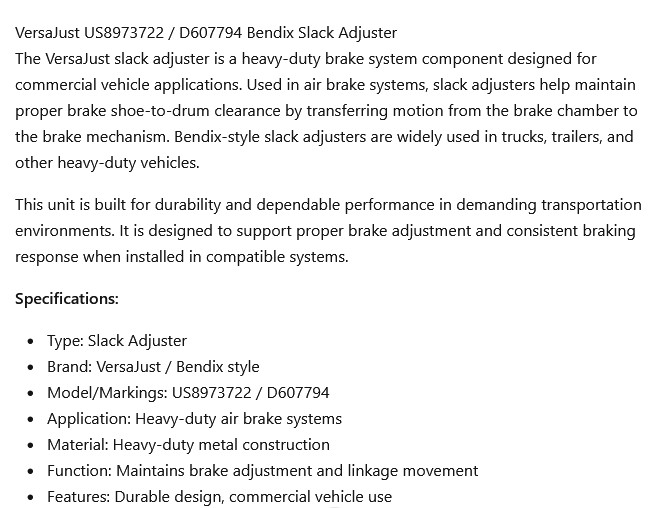 1 NEW VERSAJUST US8973722. D607794 BENDIX SLACK ADJUSTER NNB ***MAKE OFFER***