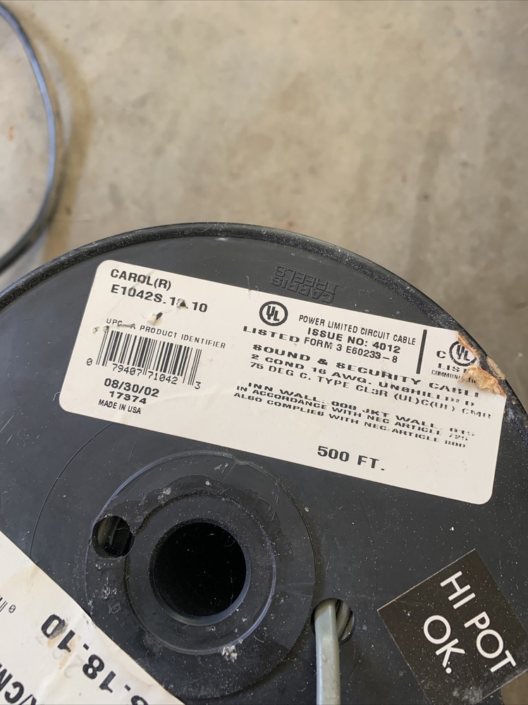 sound & aecurity cable gray 16/2 riser rated partial roll