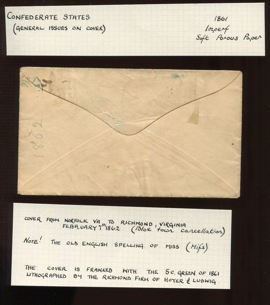 Confederate States 1 Used Stamp on Cover with Nice Cancel (CV 912)